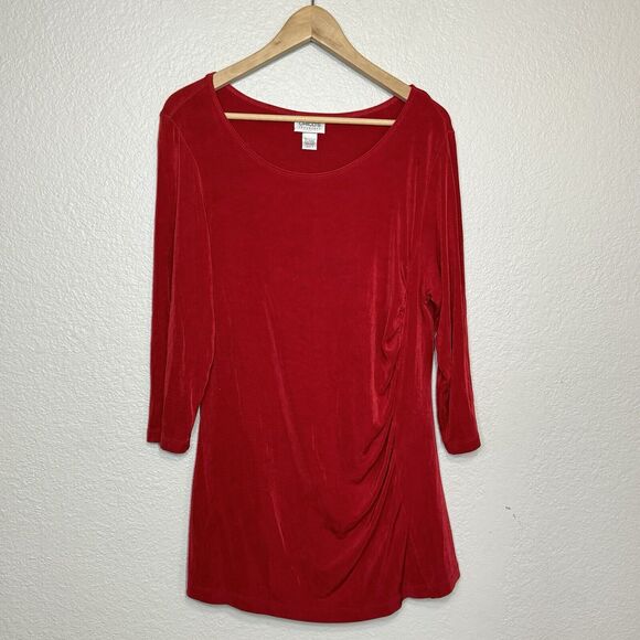 Chicos Travelers Top Women 3 Red Slinky Tunic Ruched Flattering Cruise Travel - Picture 1 of 7
